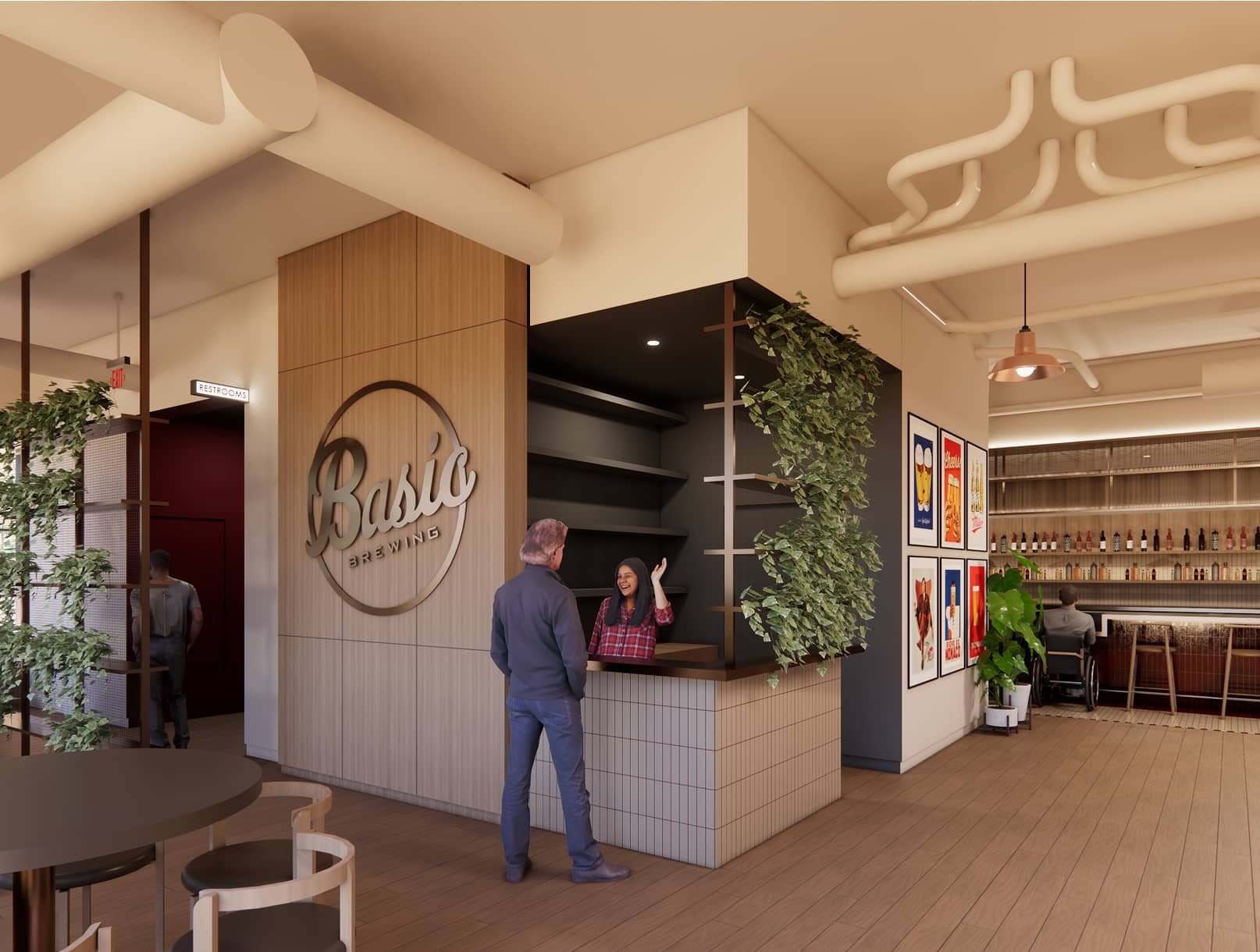 Entrance of Basic Brewing with greenery and the bar in the background.