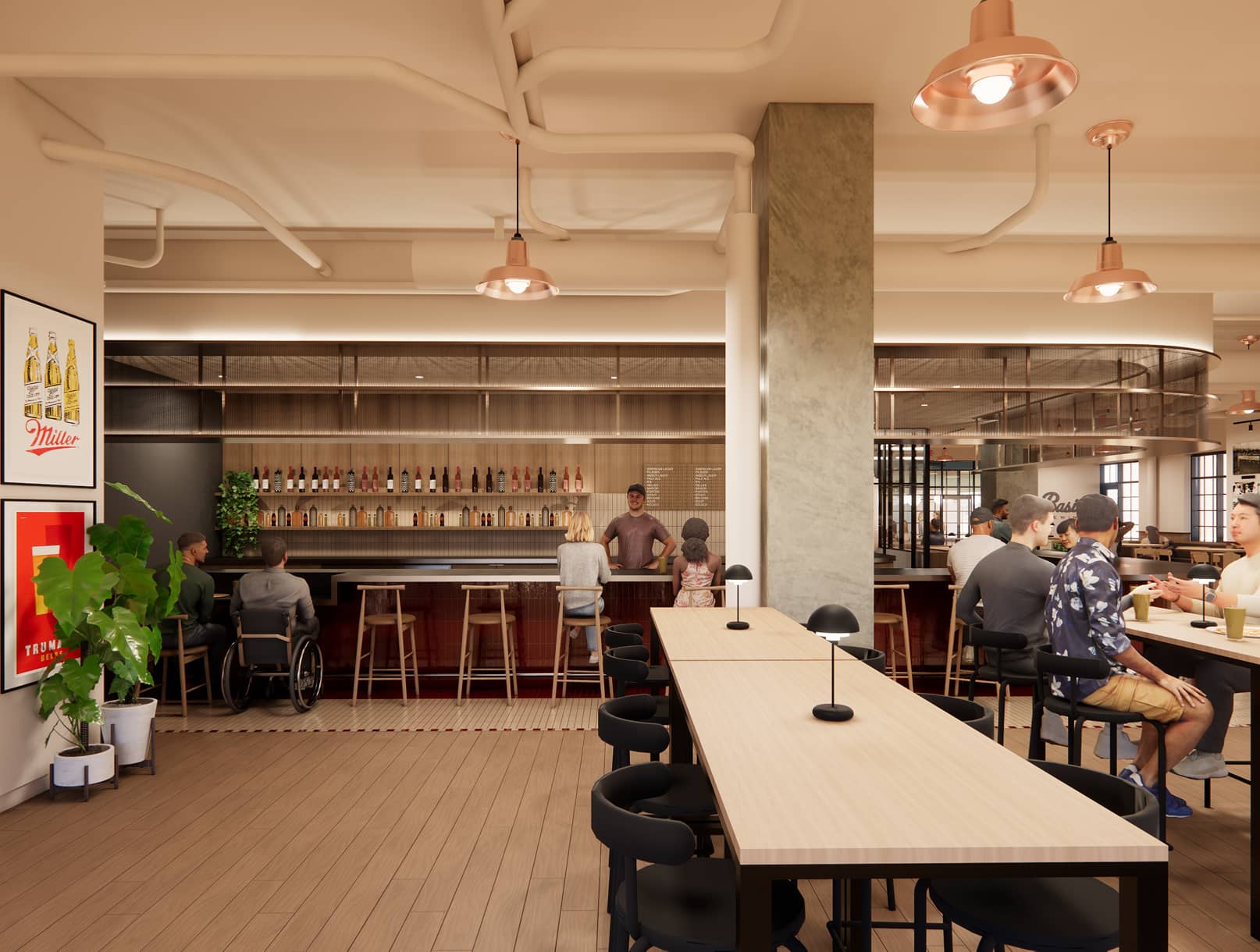 Interior shot of the brewery with a long table in front of the bar.