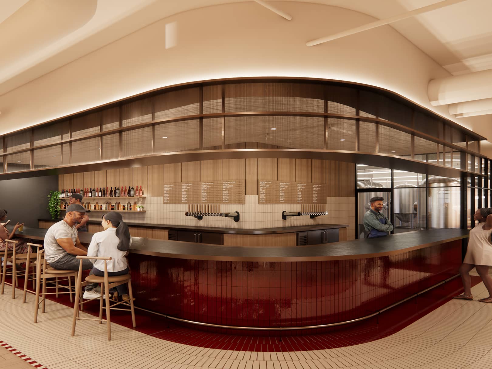 Curvilinear corner bar inside brewery.