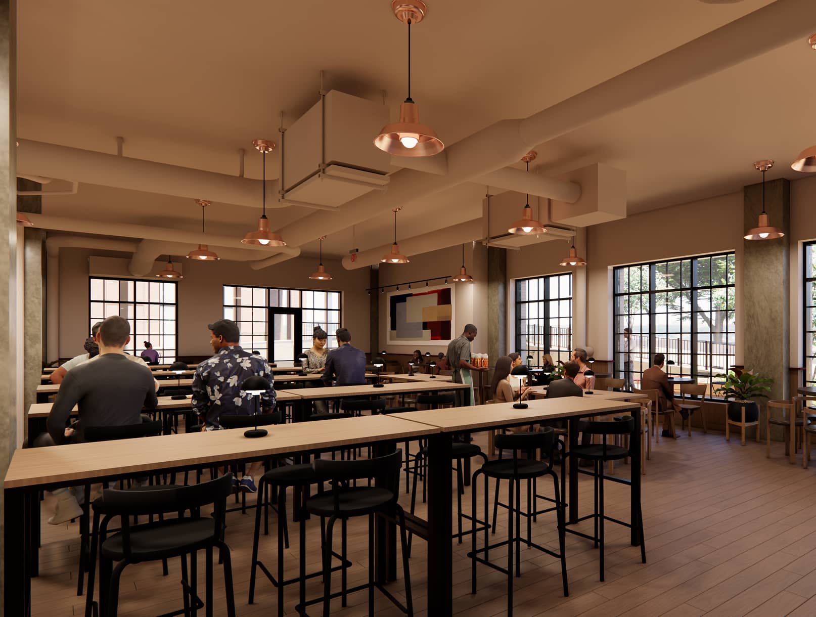 Interior view of the brewery with tables and warm colors and lighting.