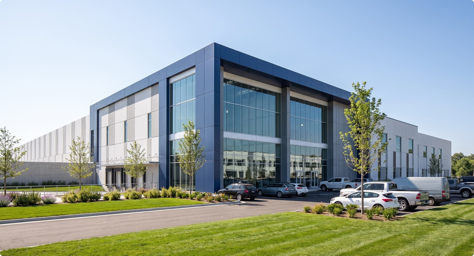 Exterior view of completed Design Build project with curtain windows wall and architectural siding details highlighting curtain window walls.