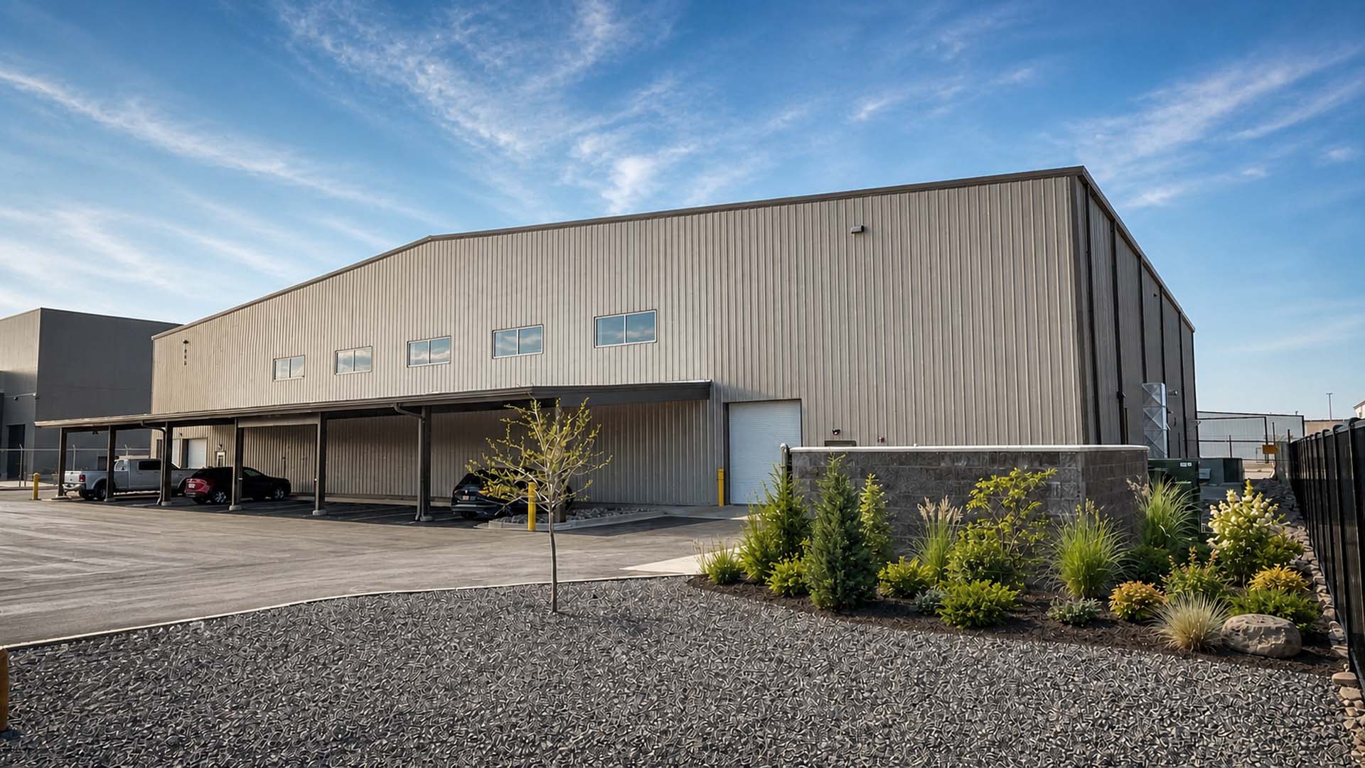 Exterior of metal aircraft hangar with covered parking and rock landscaping.