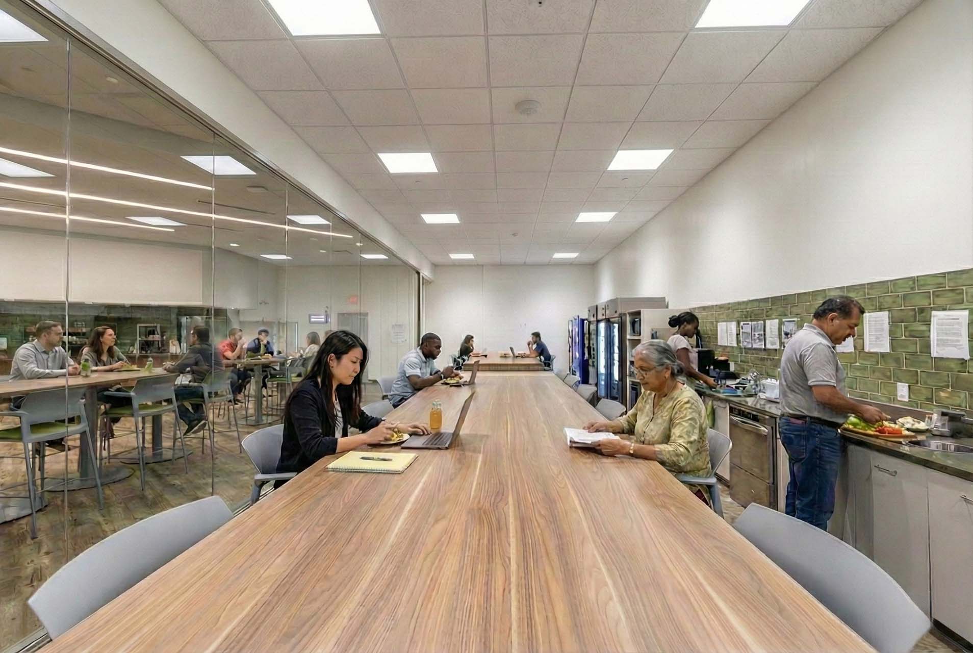 Break room with long communal table, employees eating and working, and green tile kitchen.