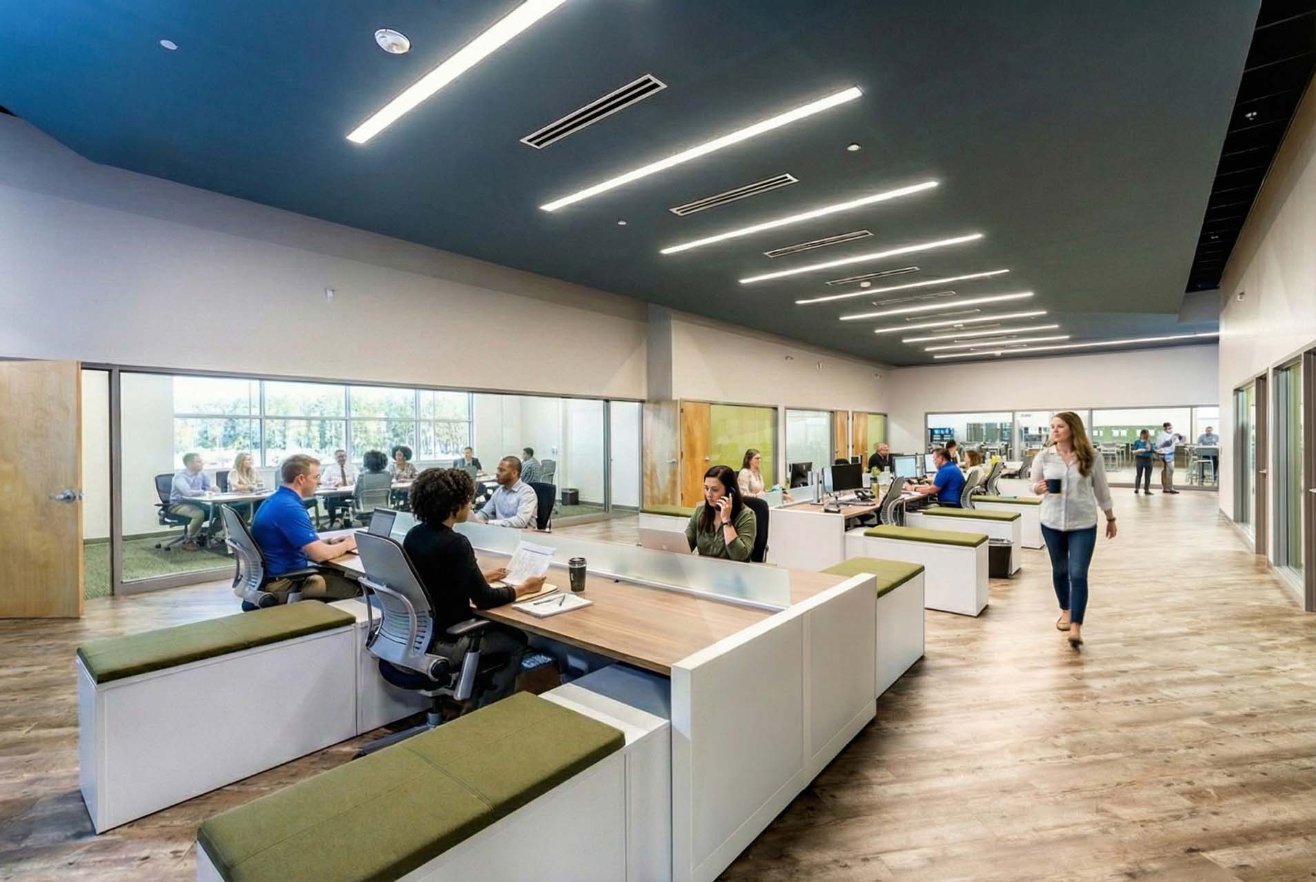 Open office workspace with employees at desk pods, glass-walled meeting room, and hardwood floors.