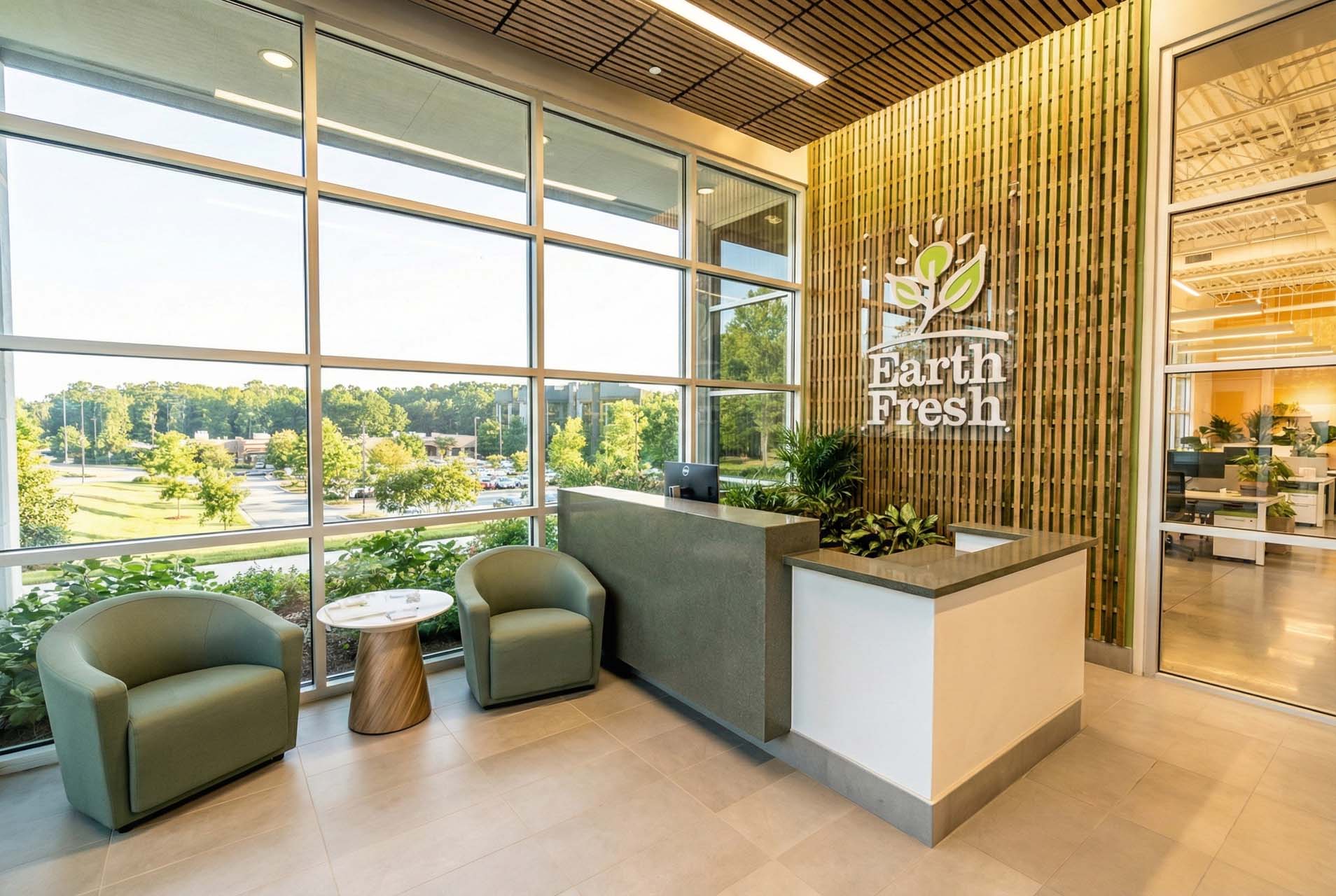 Reception area with wood slat wall, Earth Fresh signage, green chairs, and city view windows.