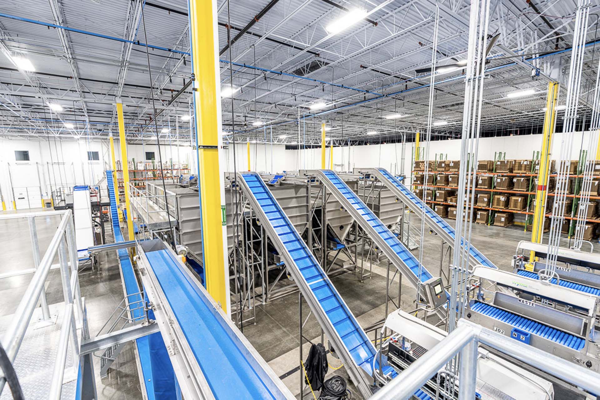 Elevated view of blue conveyor belts and processing equipment inside manufacturing facility.