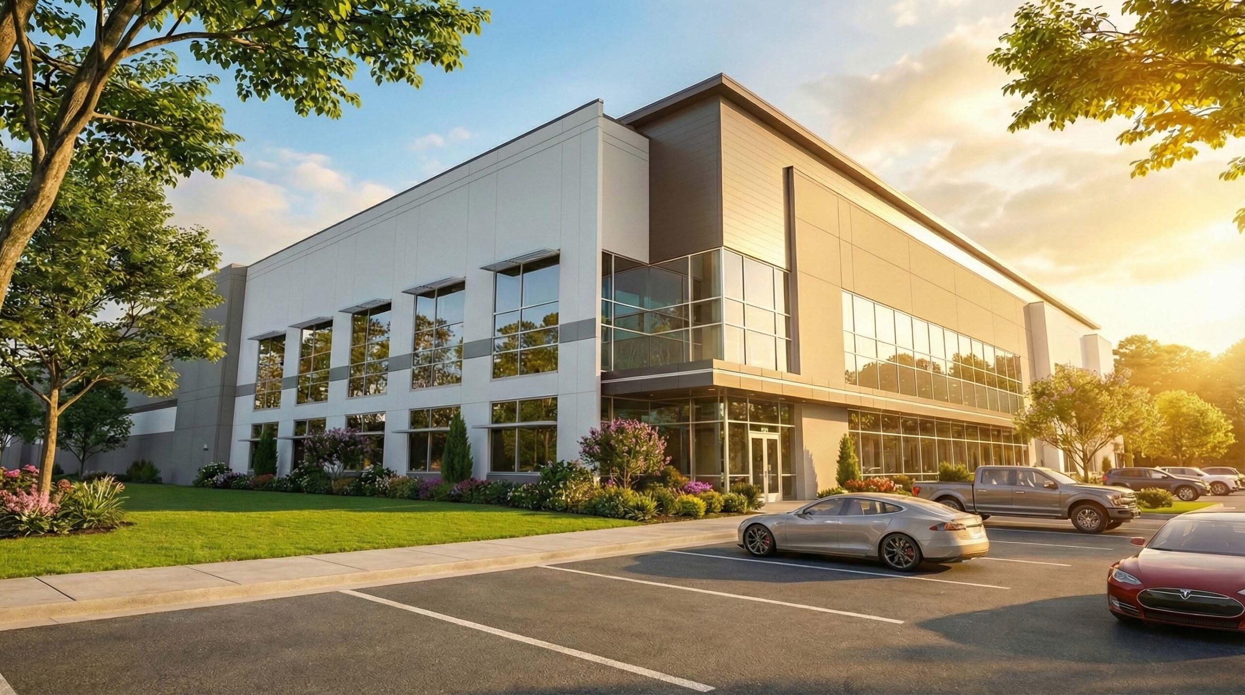 Exterior of two-story office building with glass entrance and landscaped parking lot.