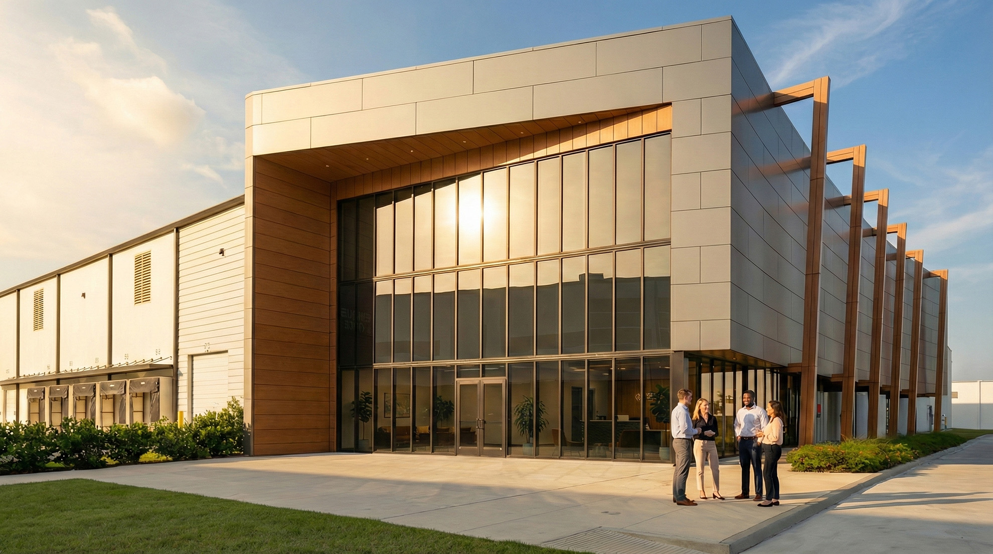 Industrial office building entrance with a glass curtain wall and wood accent panels, with people talking outside.