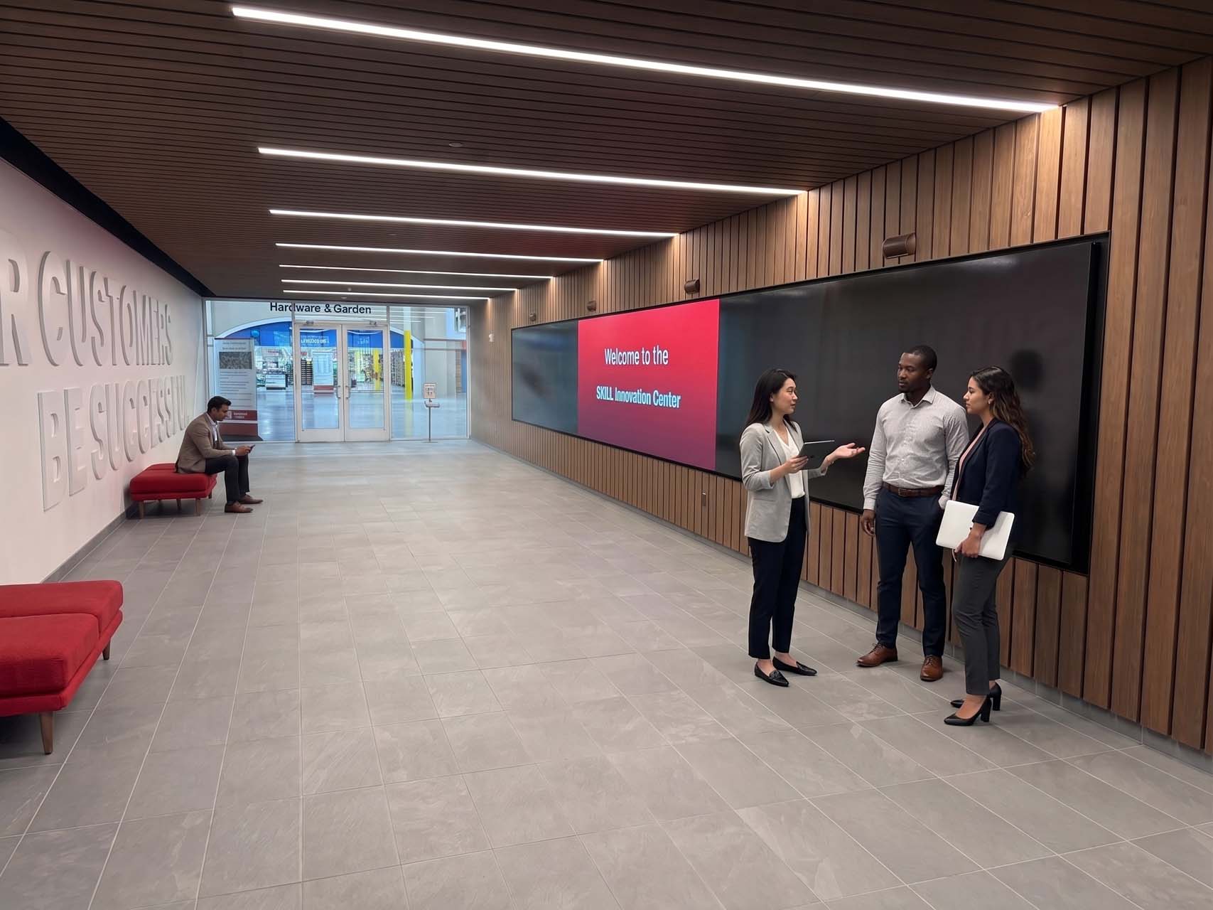 Corridor with wood paneling, digital welcome display, and view into hardware retail store.