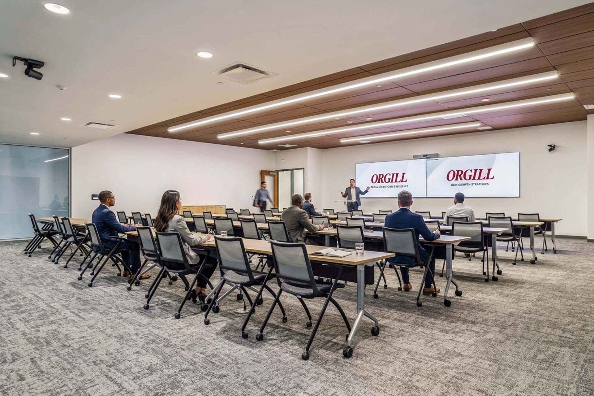 Training room with rows of desks, presenter, and dual screens displaying Orgill branding.