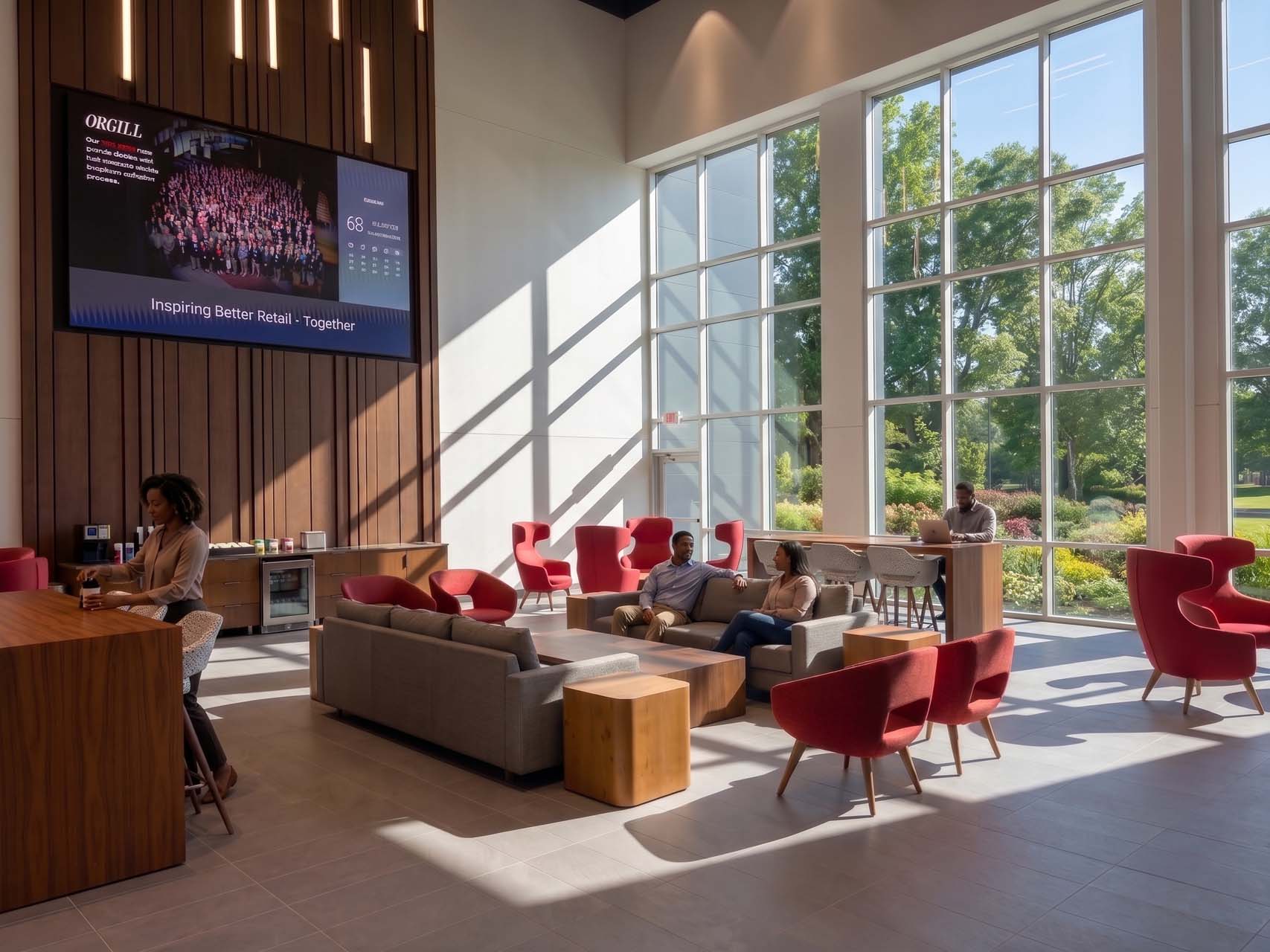 Sunlit lounge with red chairs, gray sofas, and floor-to-ceiling windows overlooking greenery.