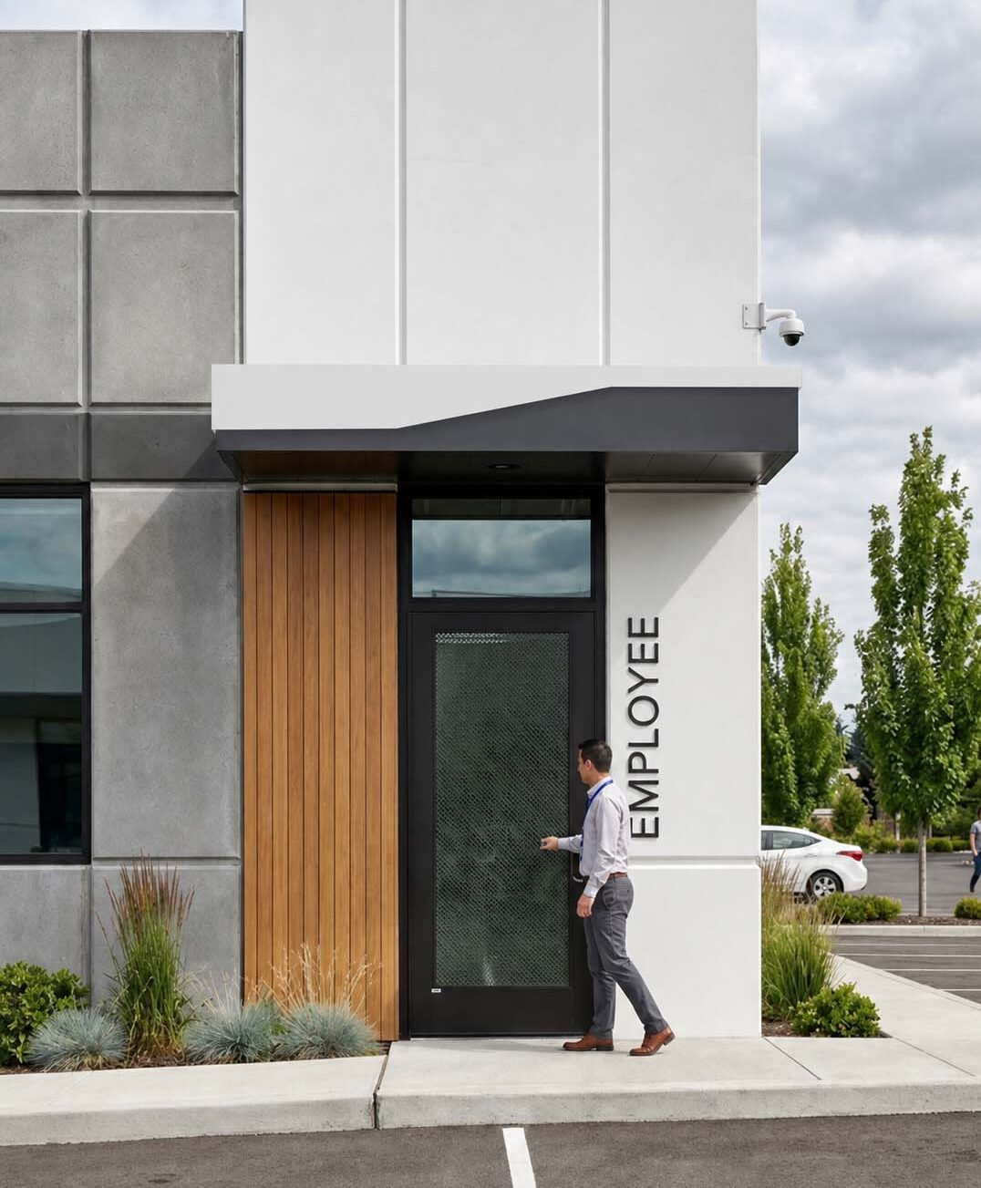 Employee entrance with wood accent paneling and dimensional signage, with a person entering the building.