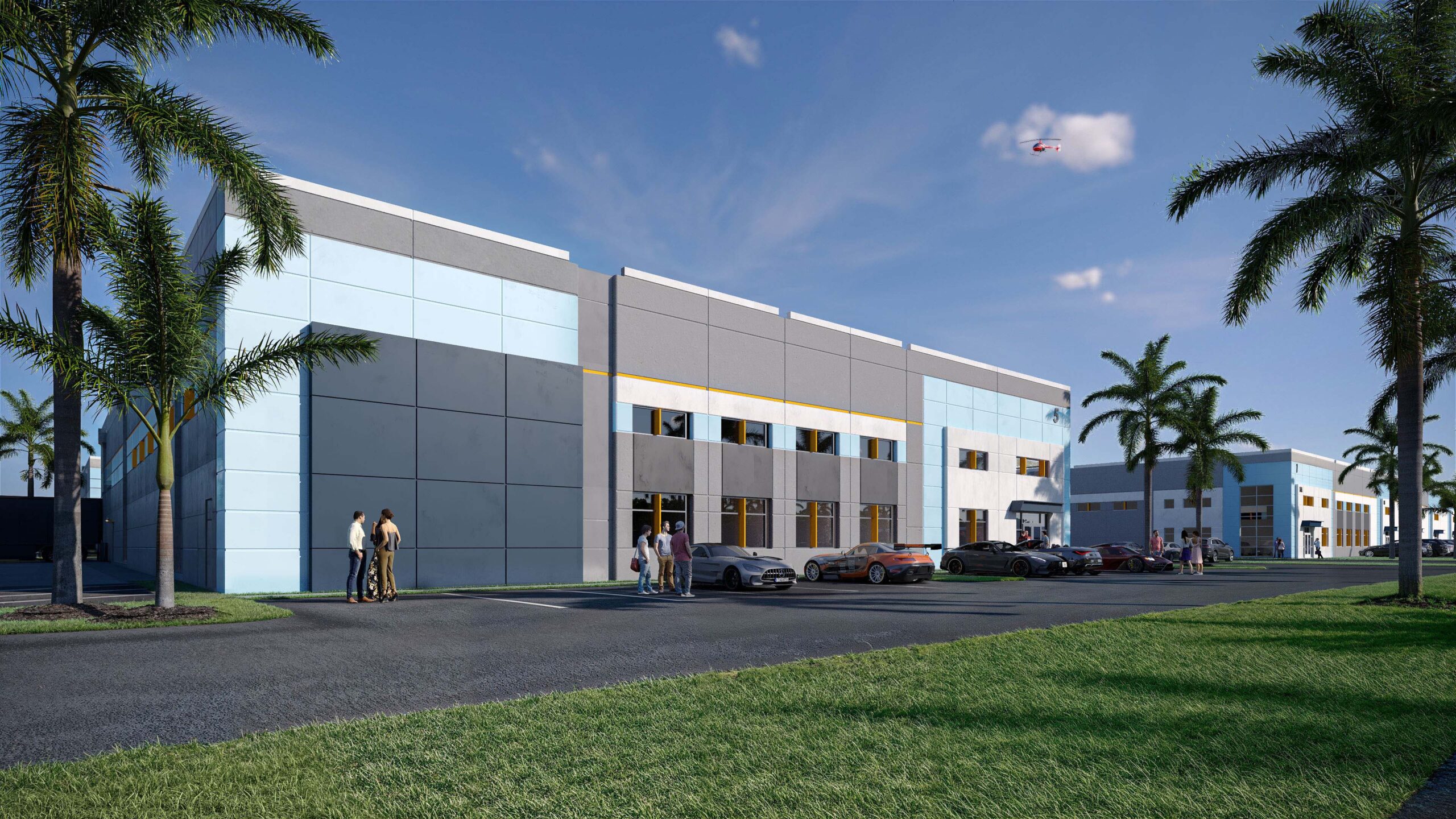 Commerce park buildings with palm trees, sports cars parked out front, and a helicopter flying overhead.
