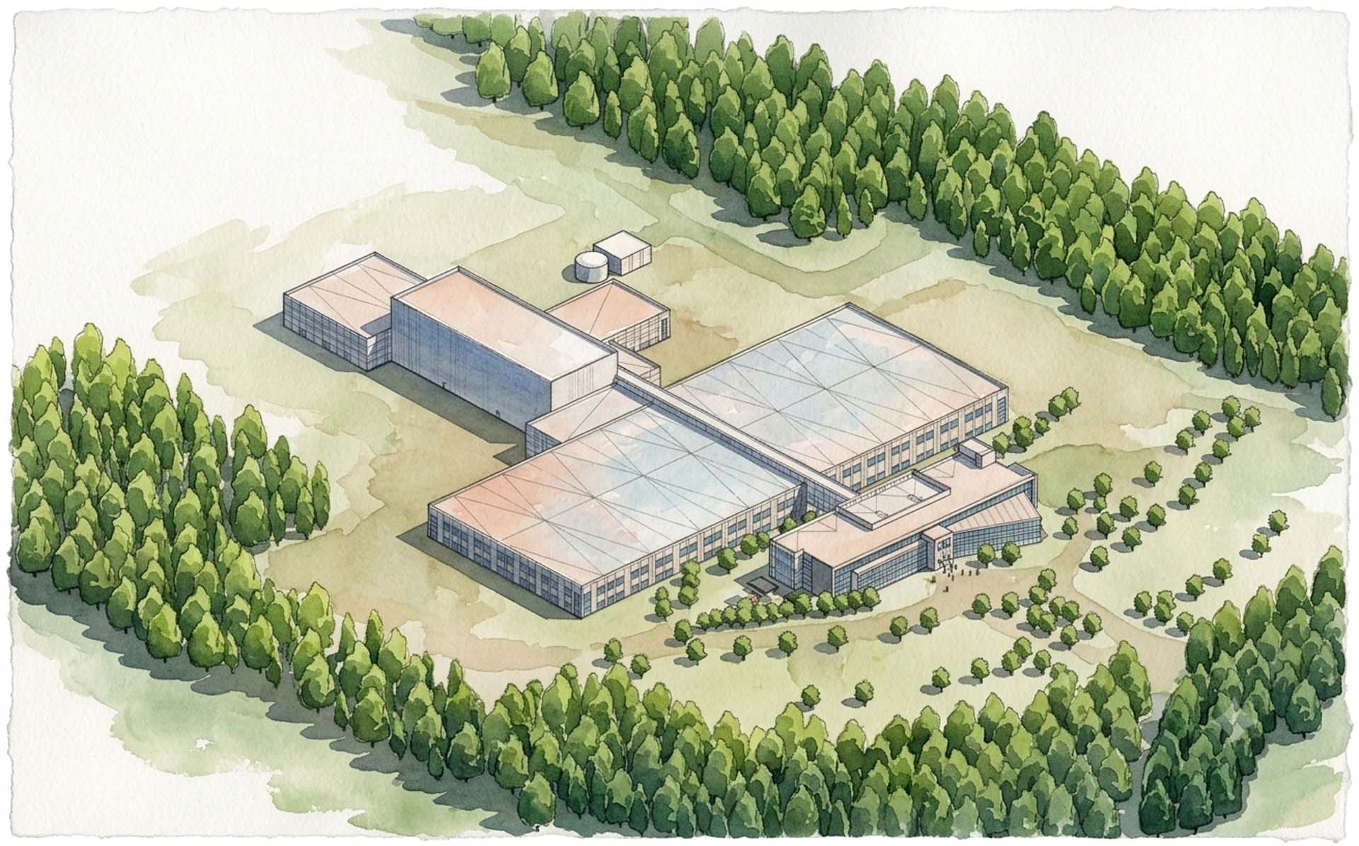 Watercolor aerial illustration of industrial campus surrounded by dense forest.