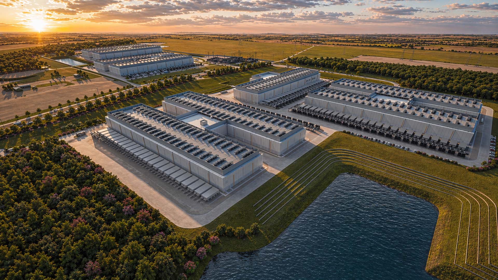 Aerial view of a multi-building data center campus with rooftop cooling units, a retention pond, and surrounding farmland at sunset.