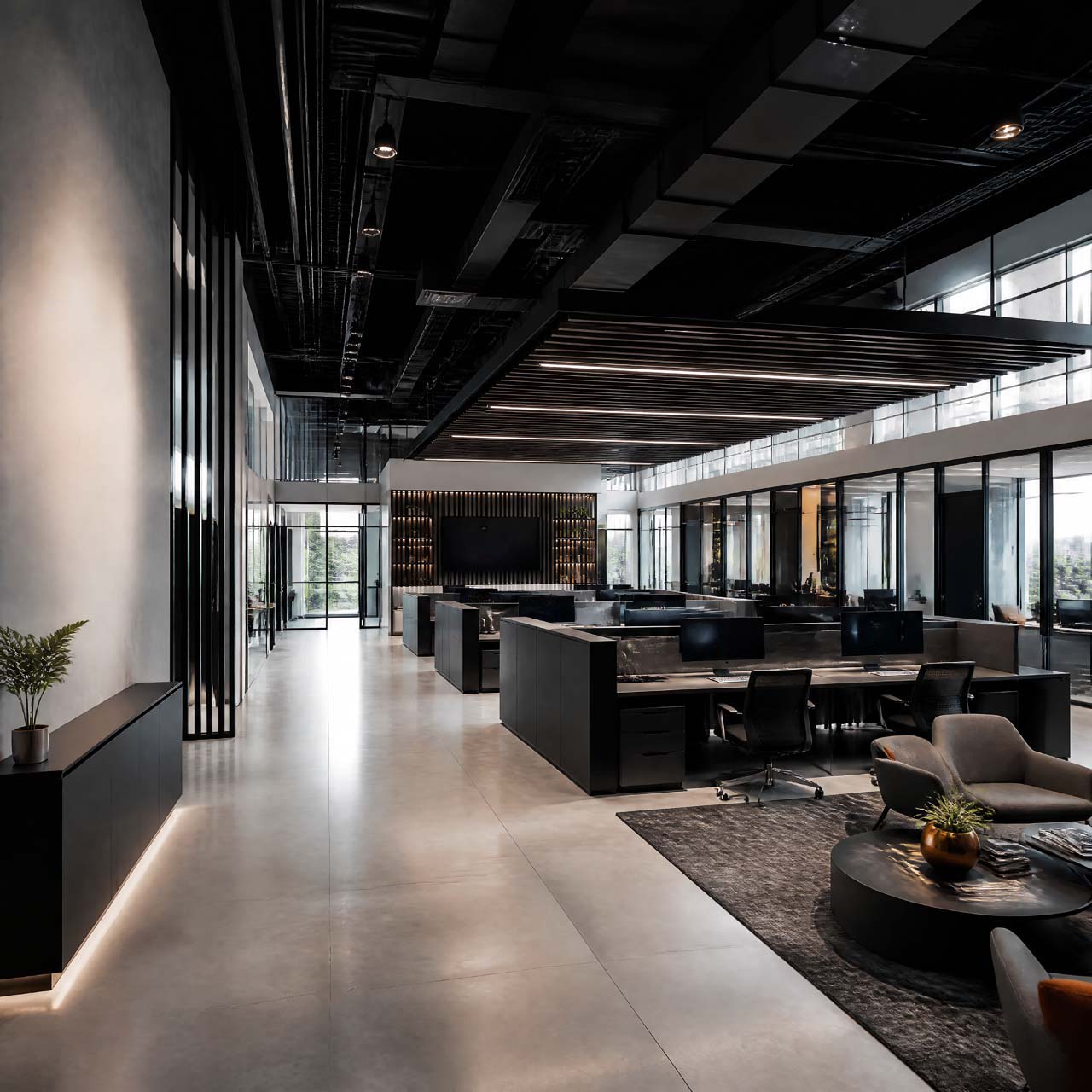 Modern office interior with black exposed ceiling, workstations with dual monitors, and a lounge seating area on polished concrete floors.