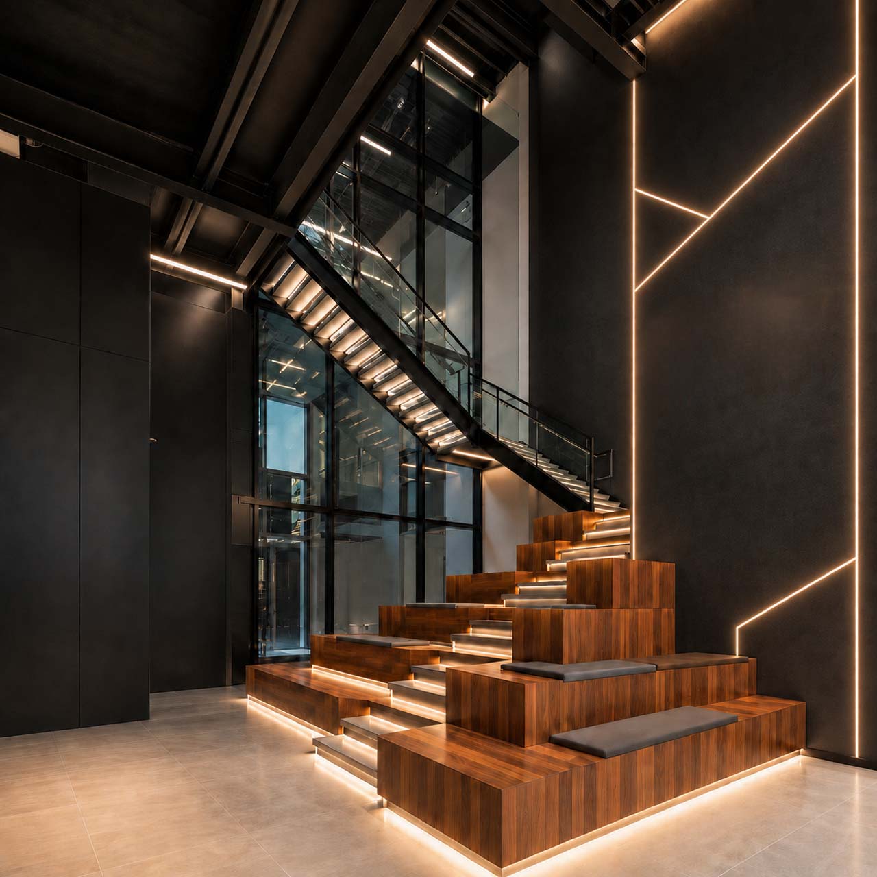 Modern staircase with wood-clad tiered seating, LED accent lighting, and dark walls with linear light fixtures.