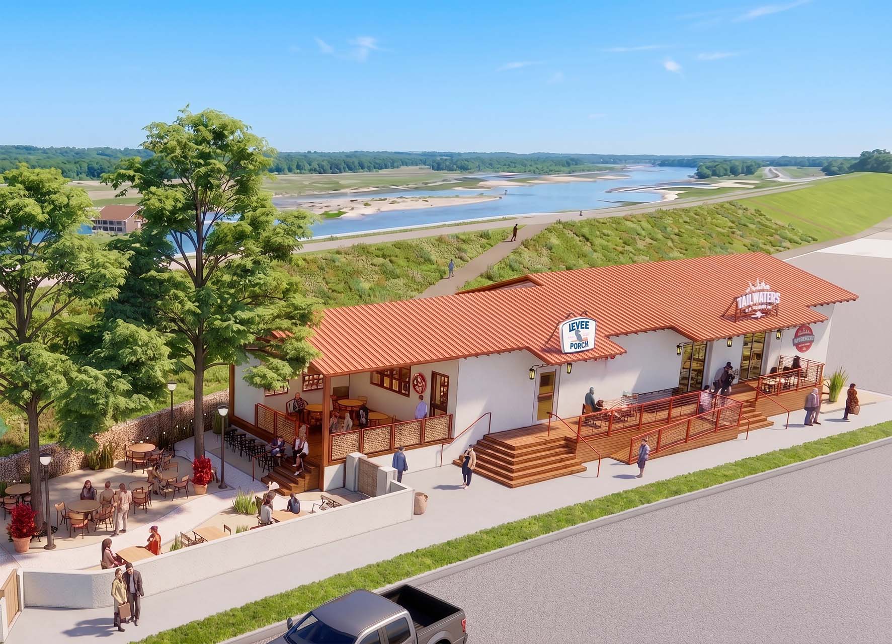 Aerial view of Levee Porch and Tailwaters Fly Fishing Co. building along the Trinity River with outdoor seating and a covered porch.
