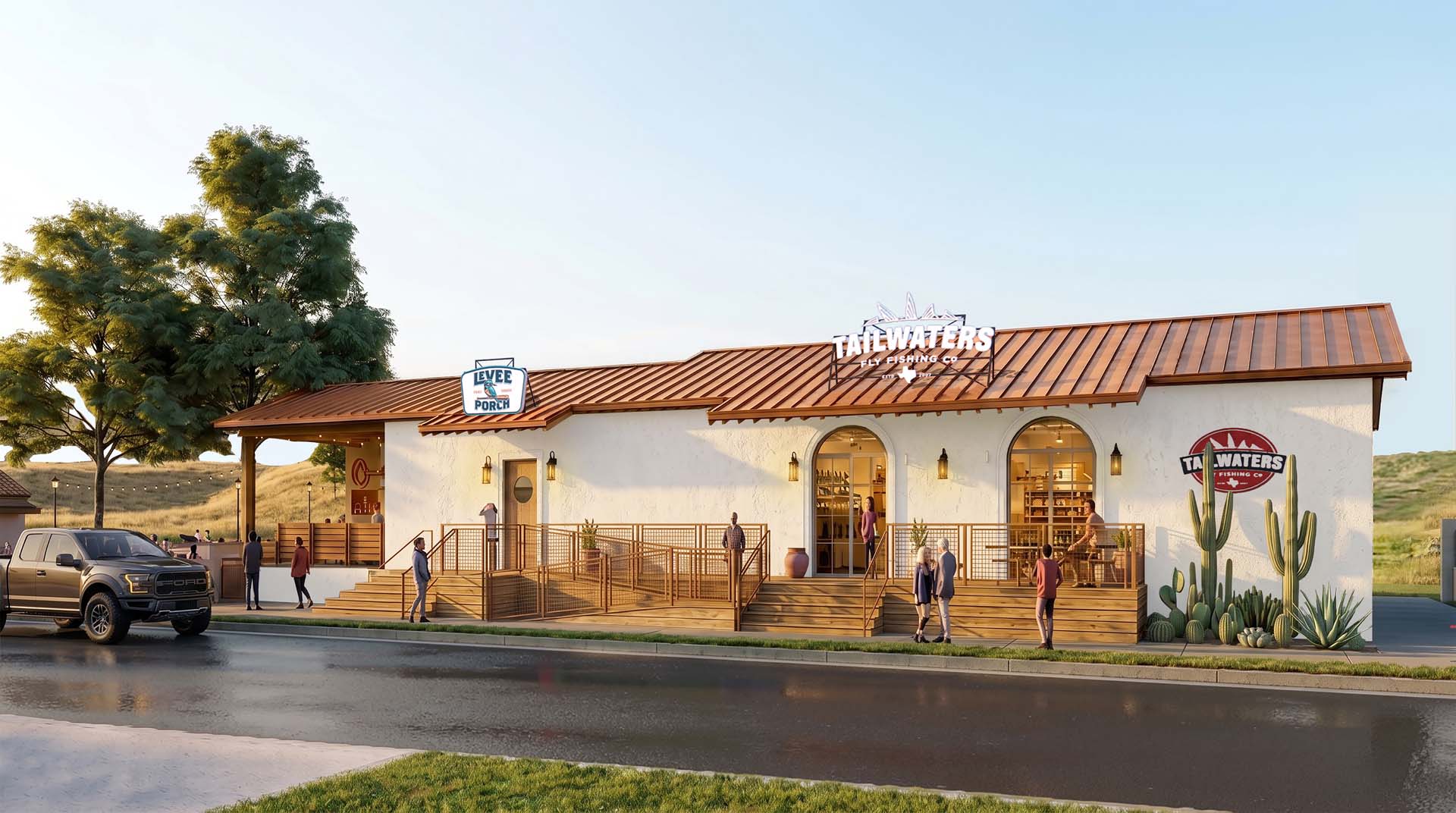 Levee Porch and Tailwaters Fly Fishing Co. building with a copper roof, covered porch, and desert landscaping.