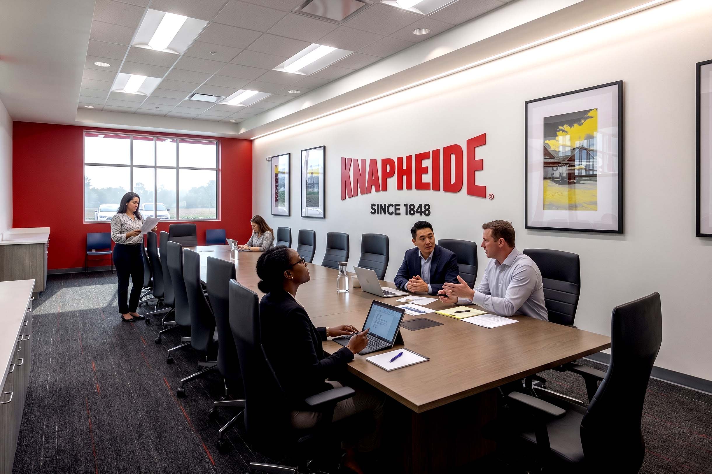Conference room meeting with a Knapheide logo wall and framed photography.