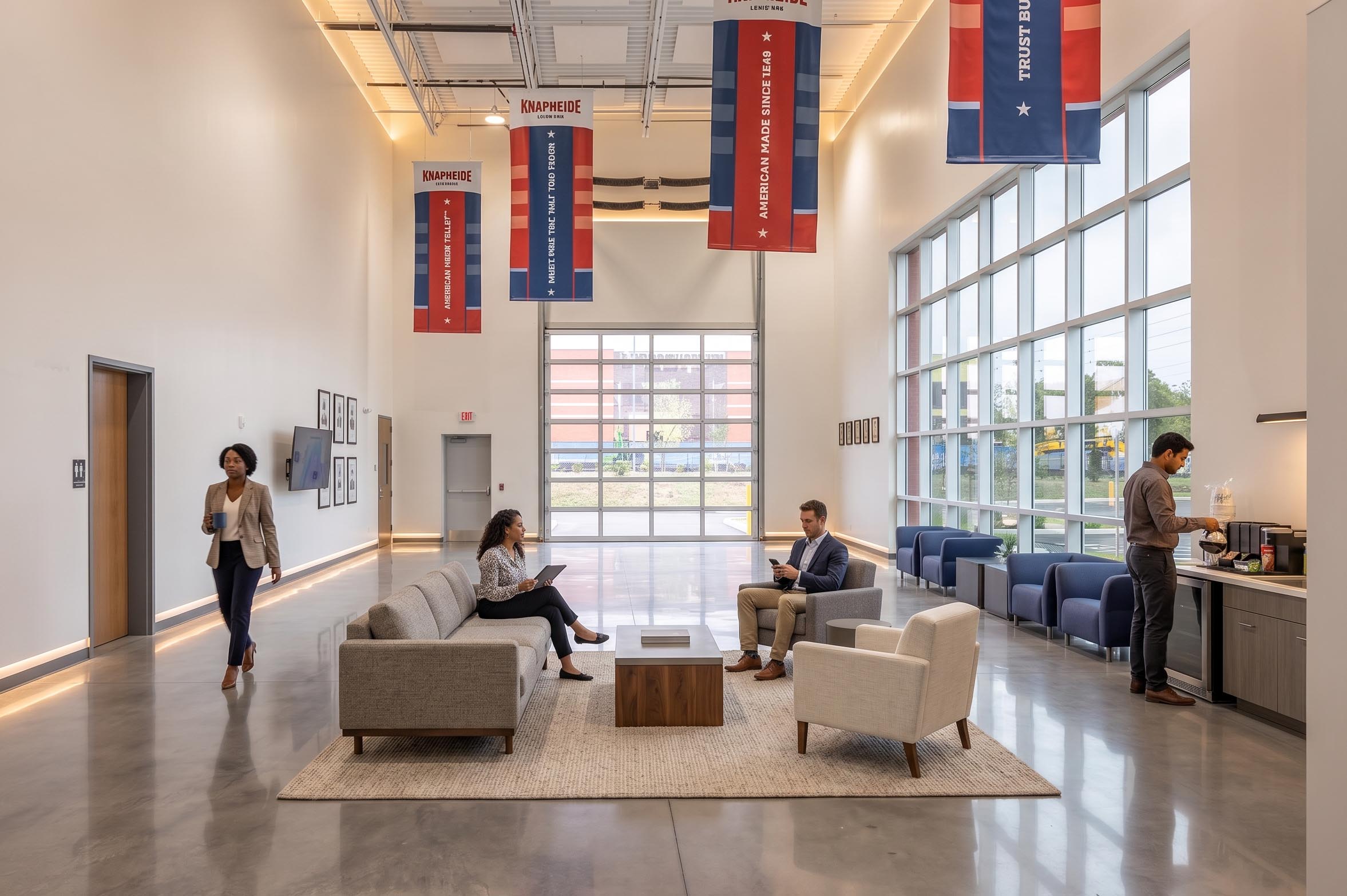 Double-height lobby lounge with Knapheide banners hanging overhead and floor-to-ceiling windows.